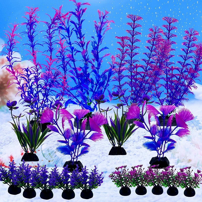 A collection of 18 artificial aquarium plants in various shades of purple and blue are displayed against a snowy background.