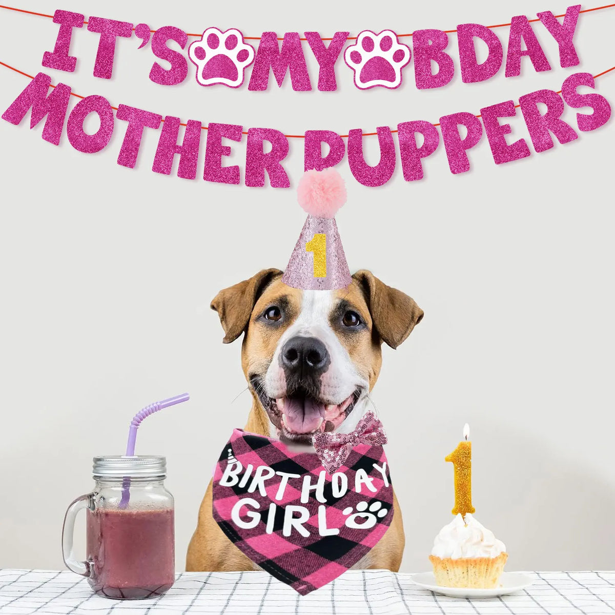 A dog wearing a birthday crown is featured below a pink banner reading It's My Birthday Mother Puppers.