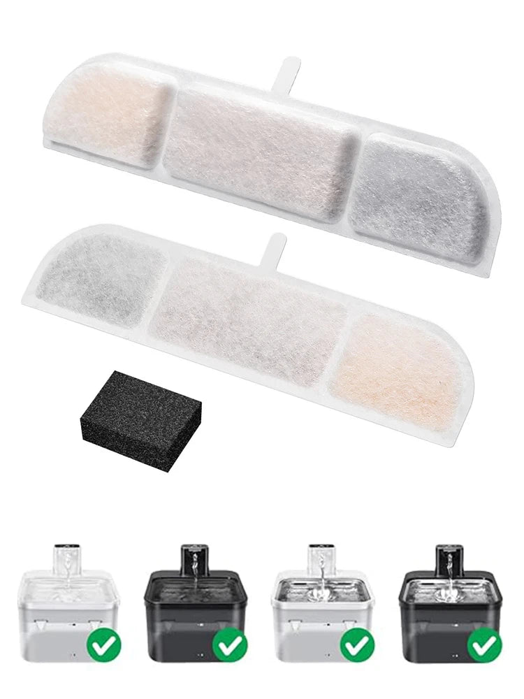 Set of four replacement activated carbon filters for pet water fountains, including white and black options.