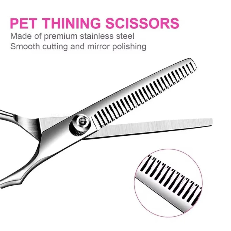 A pair of stainless steel pet thinning scissors shown with a close-up view of the smooth cutting edge.