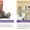 A cat is shown using a pheromone collar for calming and anxiety relief during visits.