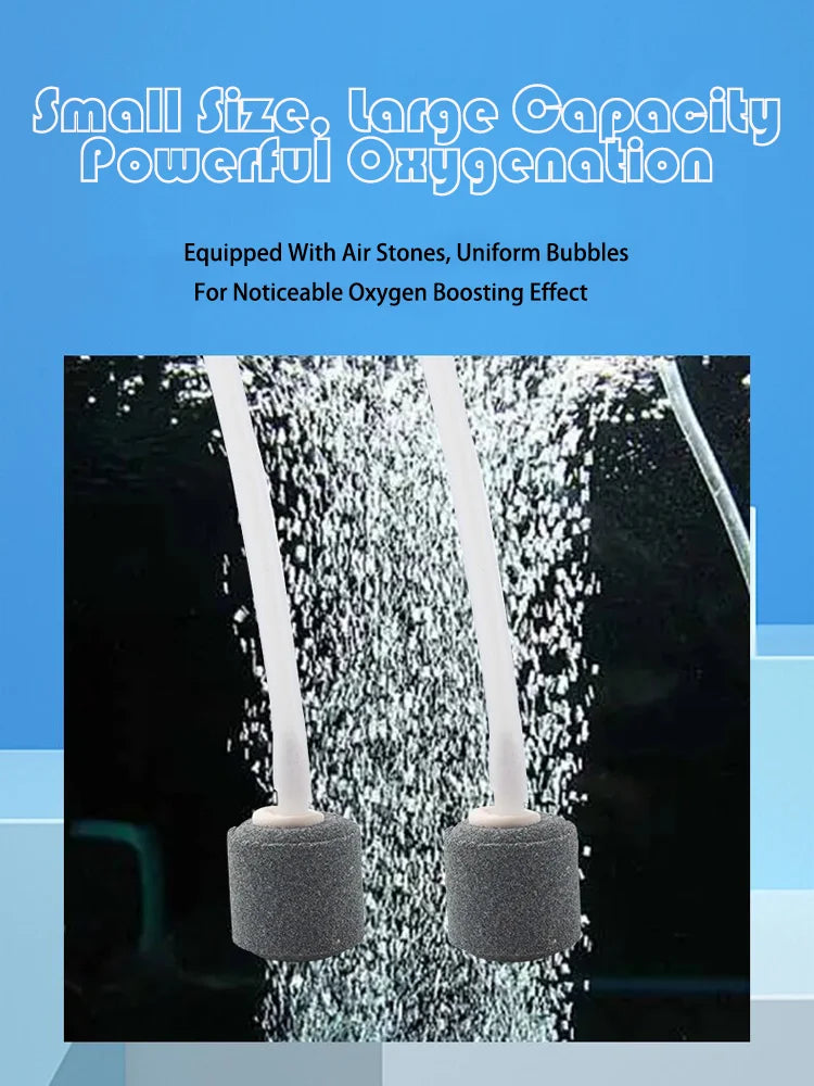 Two white air stones are shown being used in water, demonstrating oxygen boosting.