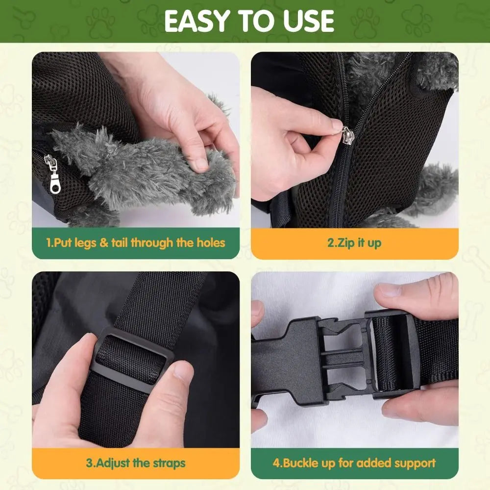 Instructions showing how to put legs through holes, zip up, adjust straps, and buckle for support on a pet carrier backpack