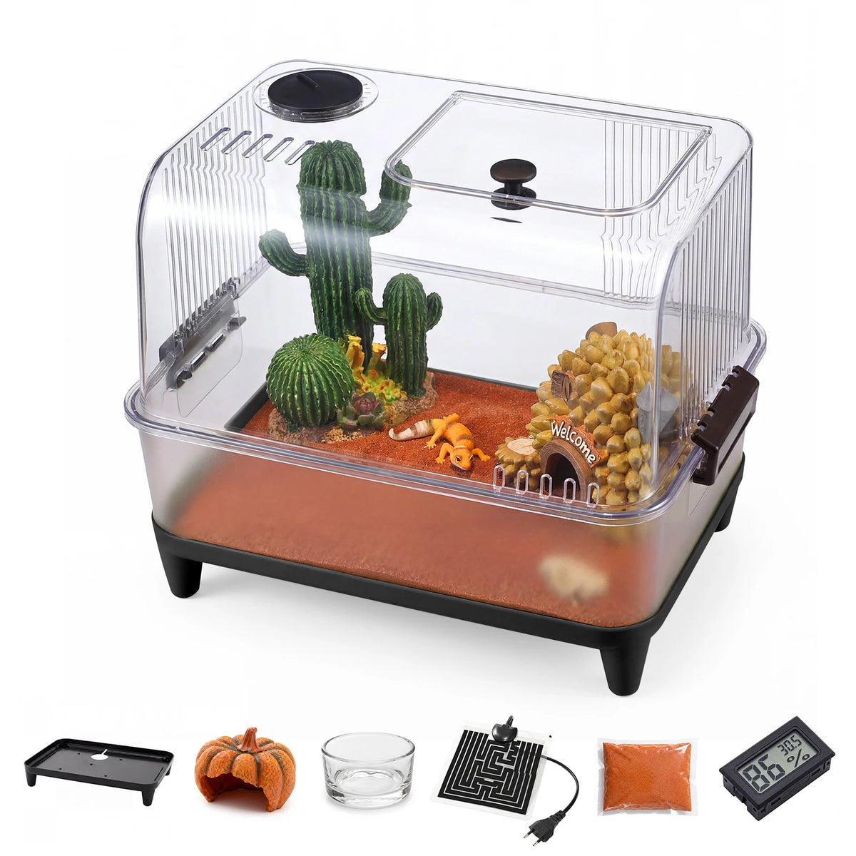 A reptile habitat starter kit featuring a clear plastic enclosure, a cactus decoration, a heating pad, and various accessorie