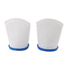 A pair of white pool filter bags with blue rims for sand and silt removal.
