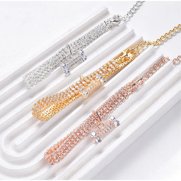 Crystal Rhinestone Dog Collar with Bone Pendant