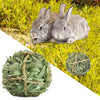 Two fluffy grey rabbits lying on green grass next to a ball of Timothy Grass chew toy