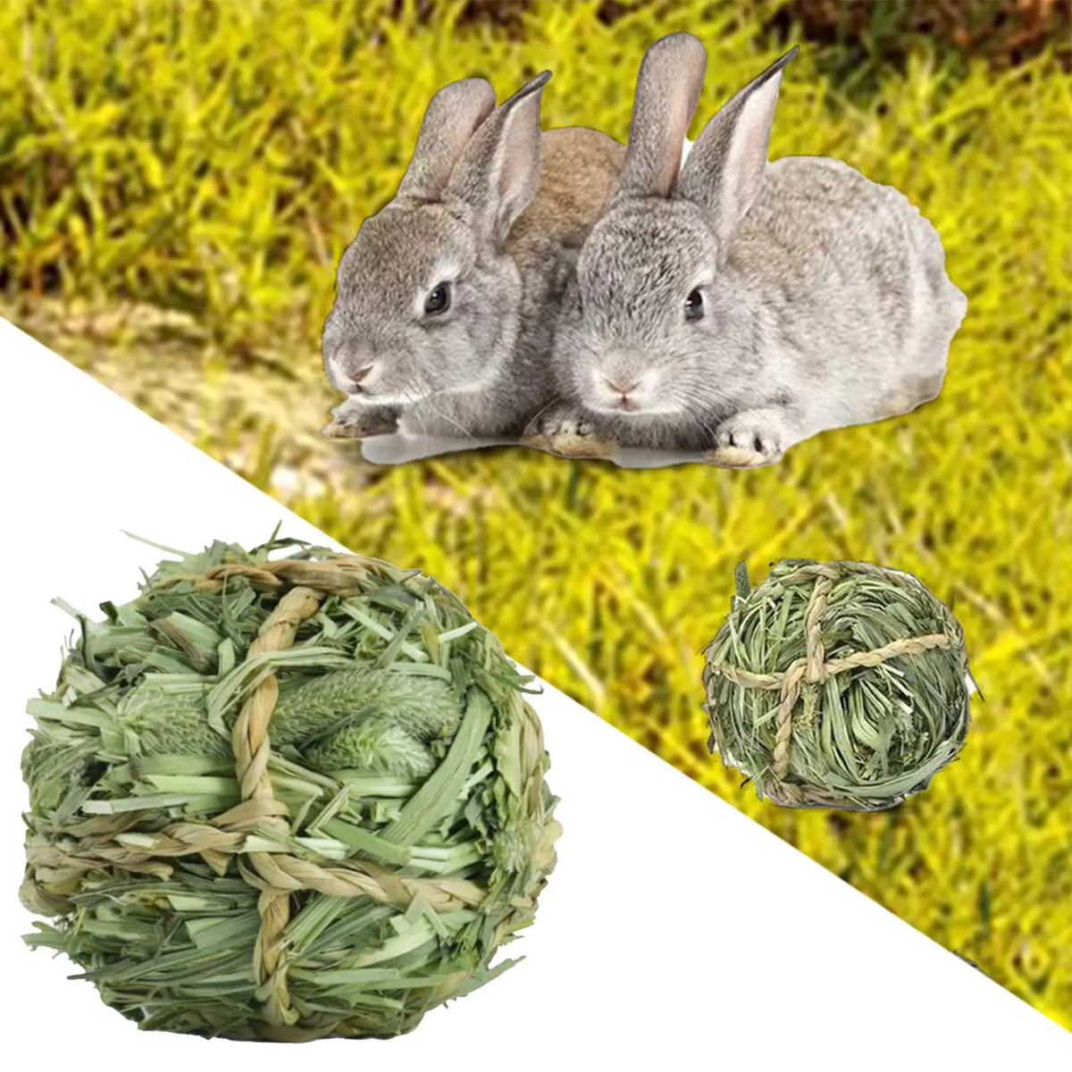 Two fluffy gray rabbits lying down on green grass next to a ball of Timothy Grass chew toy