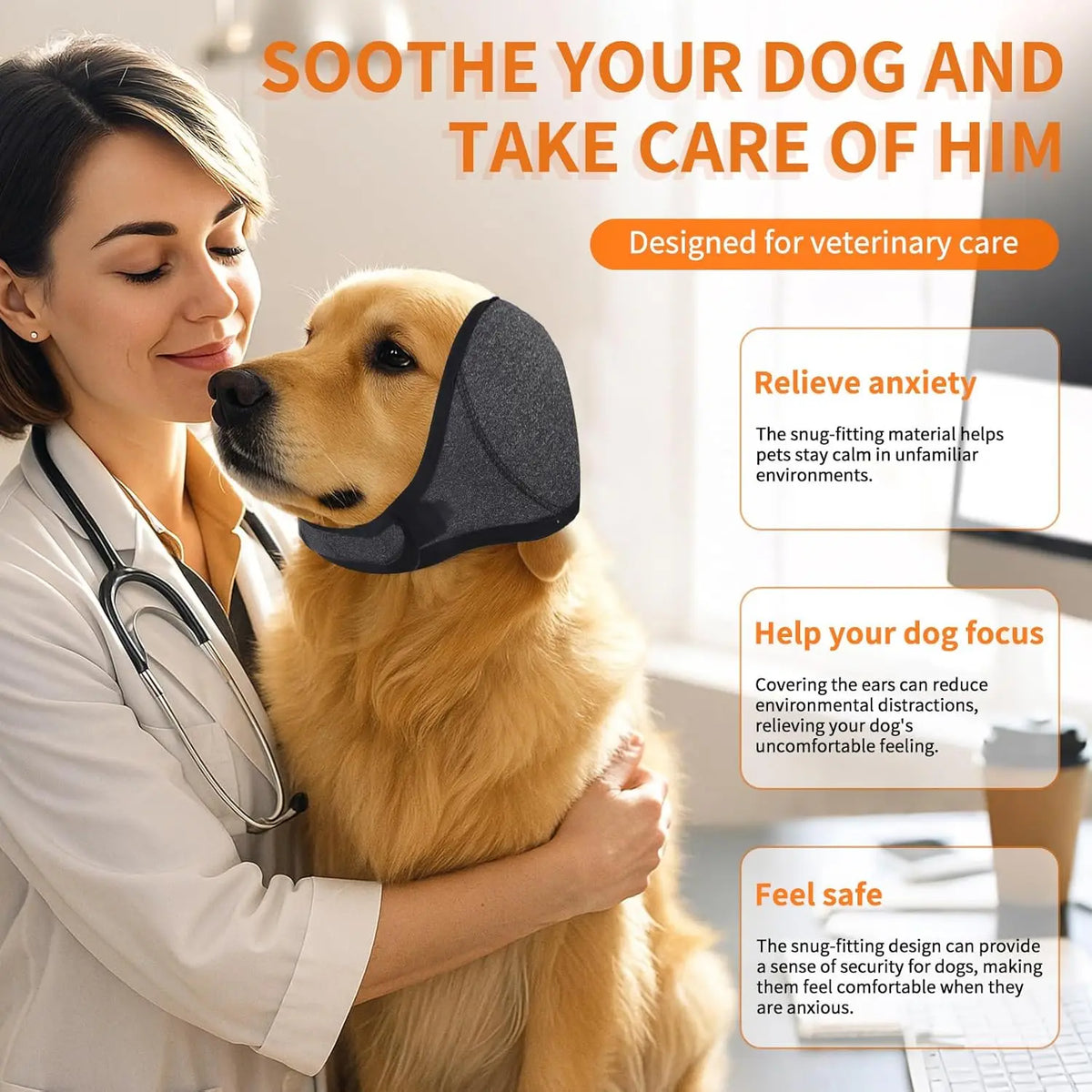 A woman holds a dog wearing a dark gray adjustable ear cover designed to soothe and calm the dog.