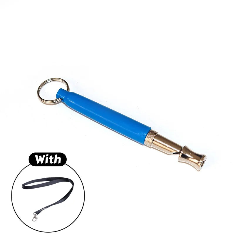 Blue adjustable ultrasonic dog training whistle with attached lanyard