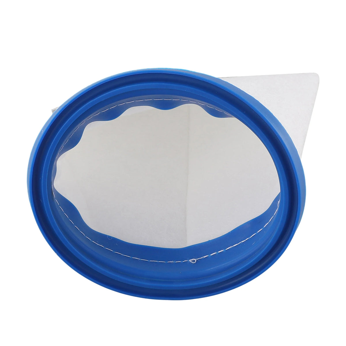 Blue plastic pool filter bags with a white mesh interior for sand and silt removal