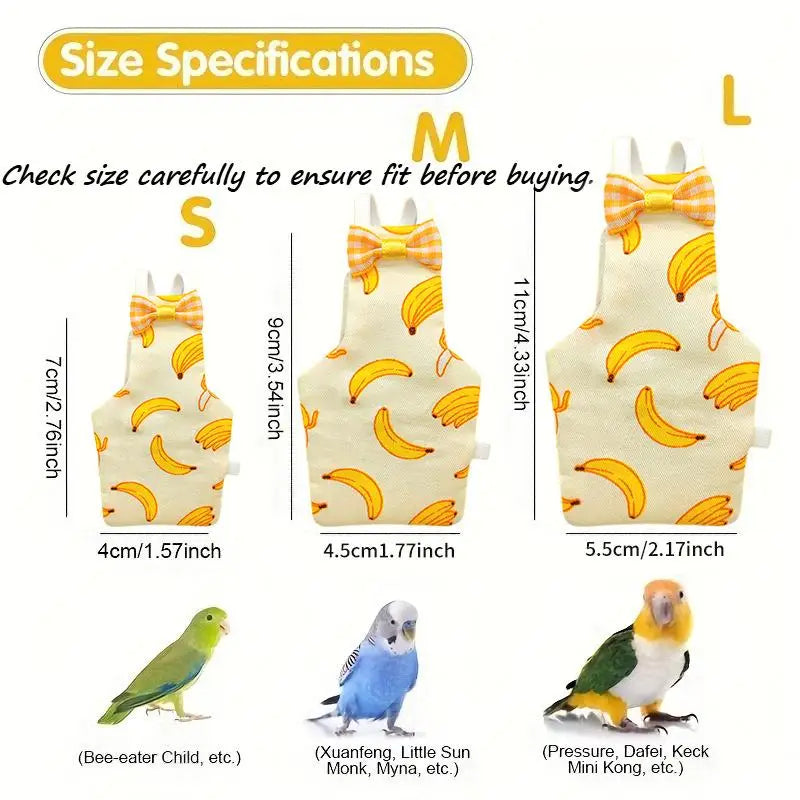 Mono lavable amarillo para loros con lazo de pañal, mostrado junto a varias especies de aves.