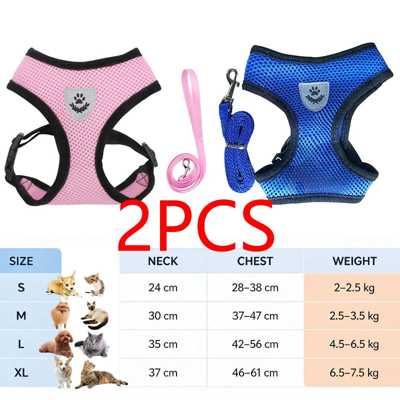 Two adjustable reflective harnesses for cats and small dogs in various sizes and colors with included leashes