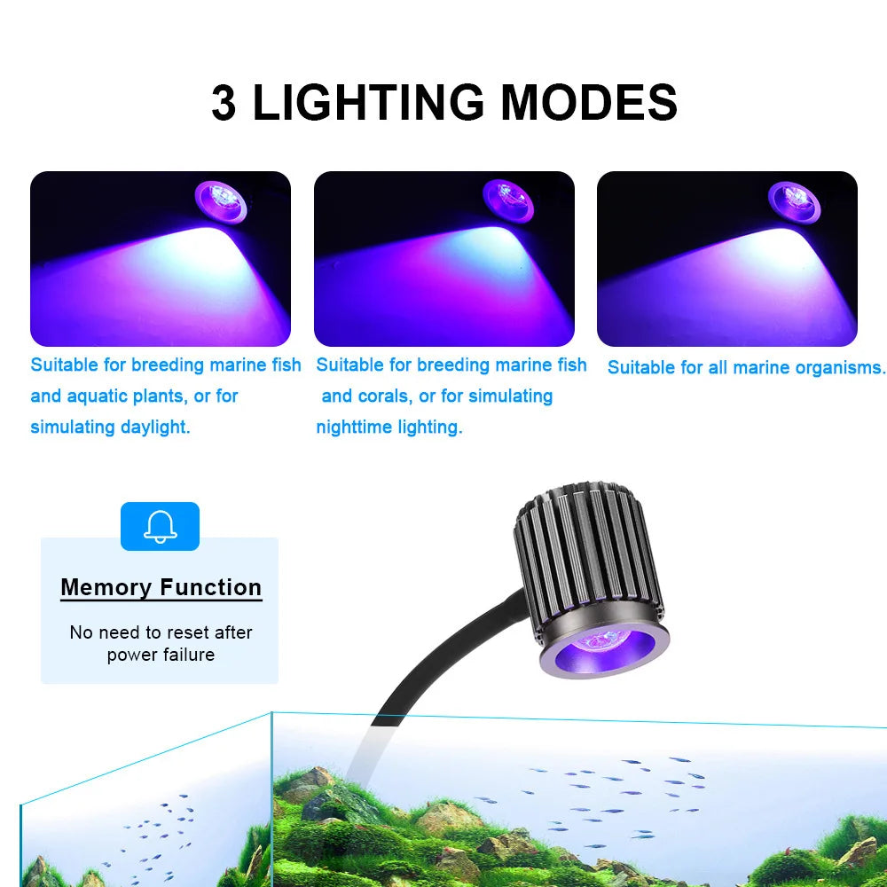A clip-on LED light is shown illuminating marine life in an aquarium setting with various lighting modes and a memory functio