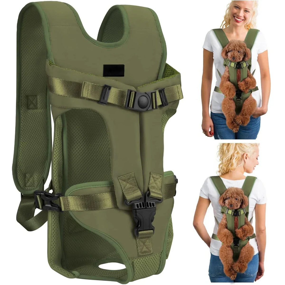 A olive green ventilated pet carrier backpack shown on a person and a dog.