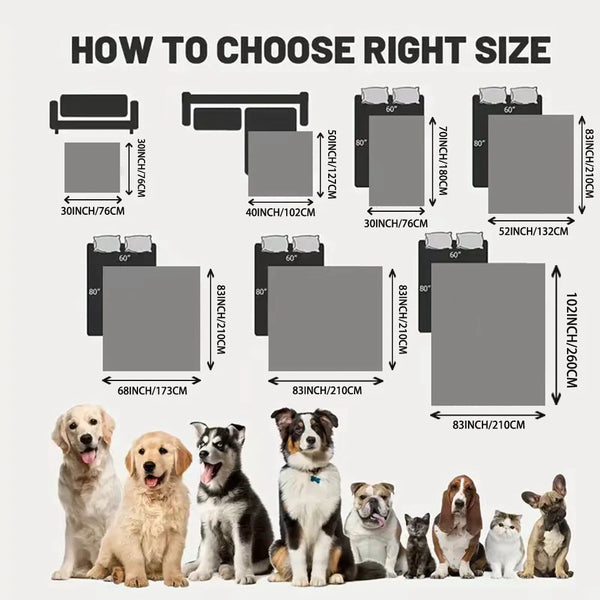 Various sizes of waterproof pet bed covers displayed next to dogs and cats.