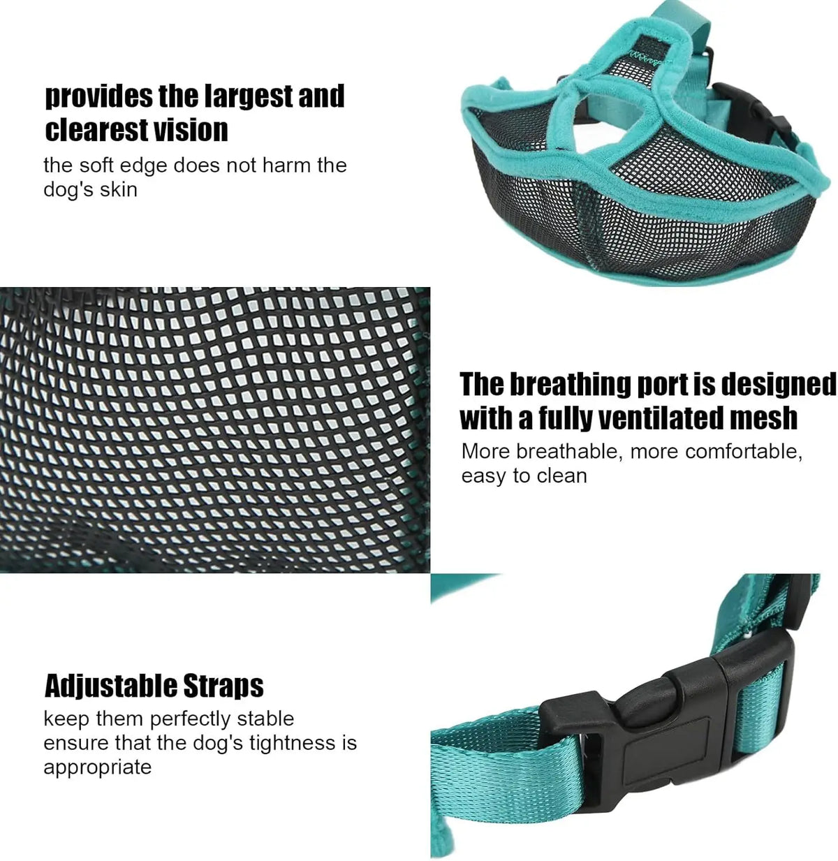 A close-up view of a black and teal breathable mesh dog muzzle with adjustable straps.