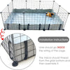 Cage pour animal en fil clair avec doublure grise et sangles Velcro noires, montrant les instructions d'installation.