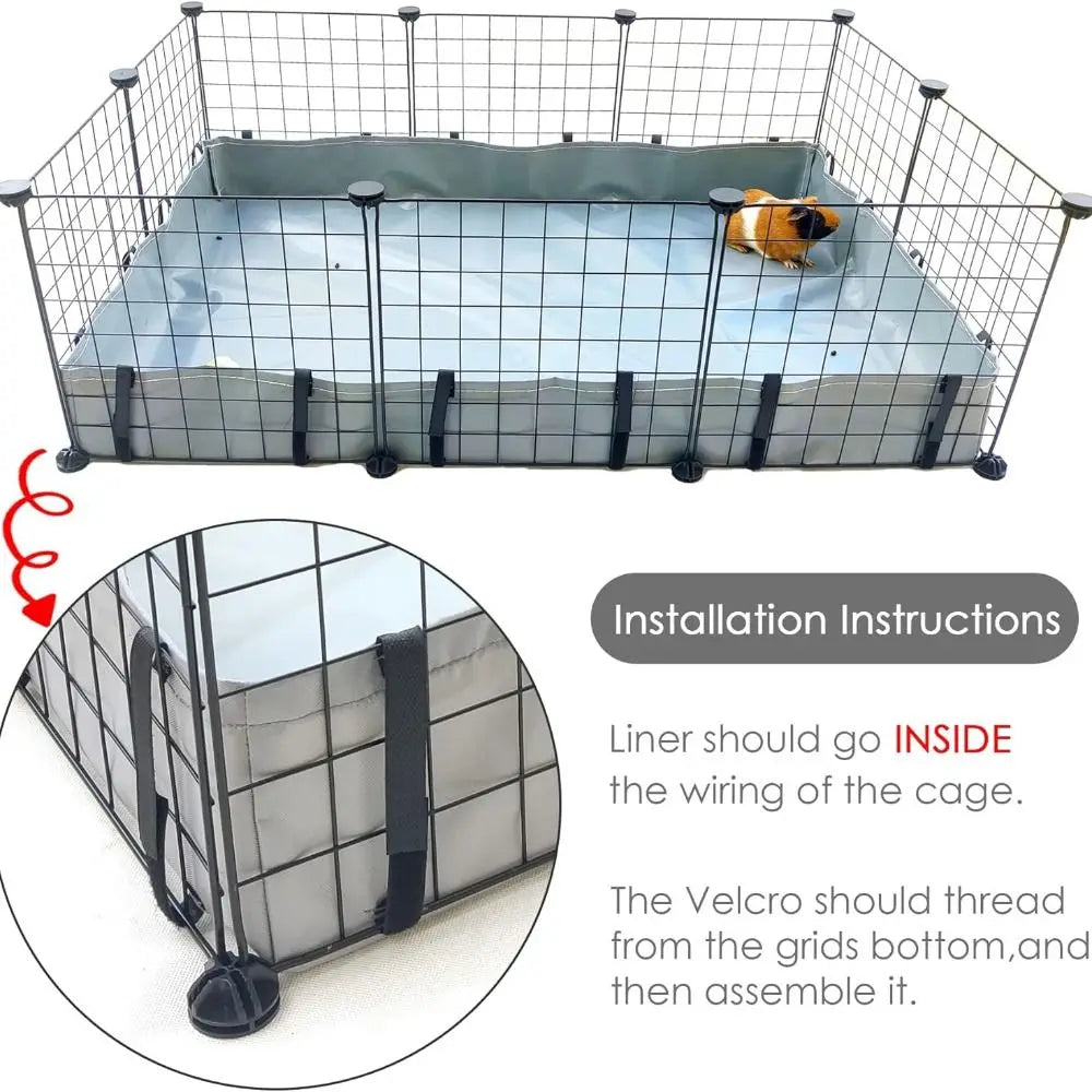 Cage pour animal en fil clair avec doublure grise et sangles Velcro noires, montrant les instructions d'installation.