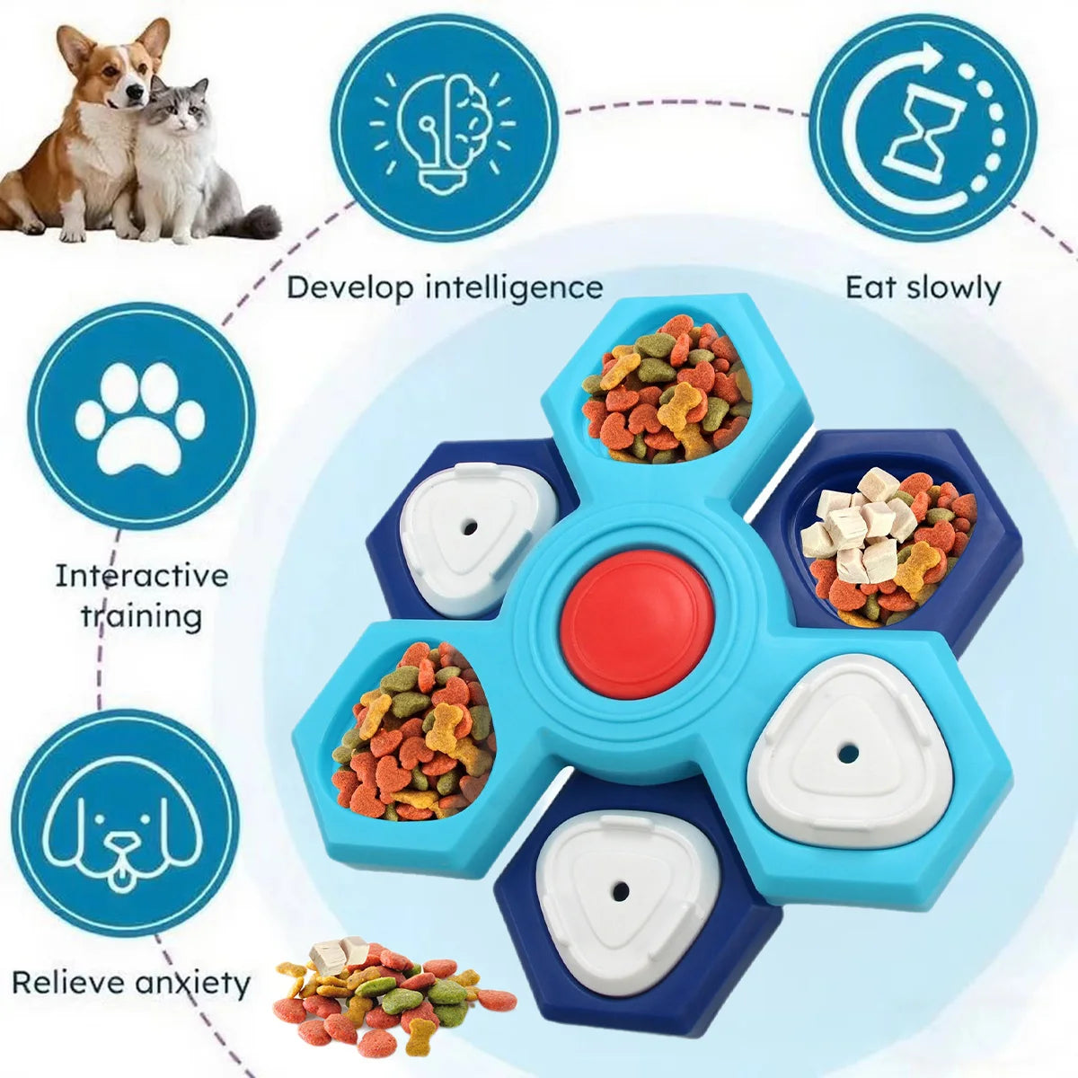 A blue and white interactive puzzle feeder bowl for dogs with various food compartments and training icons.