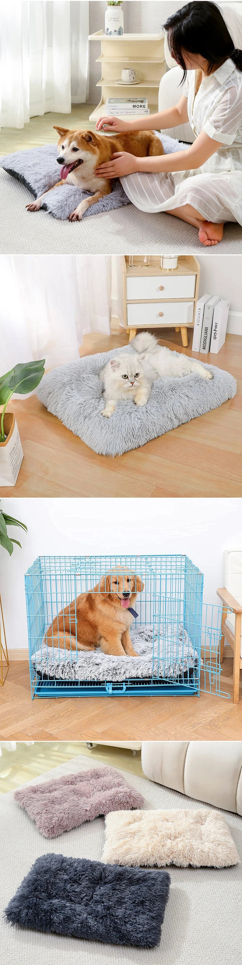 A collection of fluffy pet mats and beds in various shades of gray, beige, and blue on a light wooden floor.