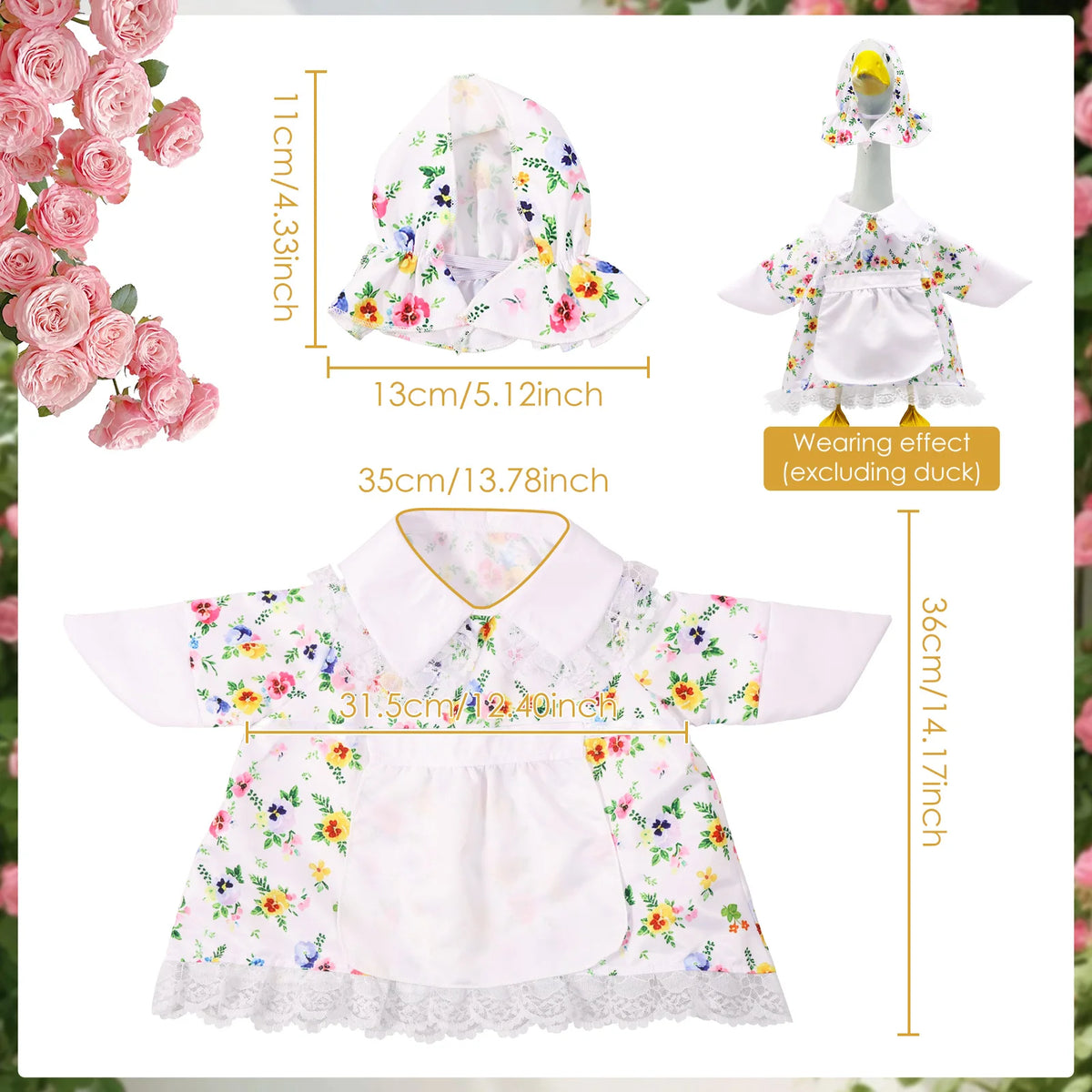 A white and floral outfit for a porch goose, featuring pink roses and decorative elements.