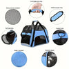A portable foldable pet carrier for cats, dogs, and puppies shown with various features like mesh panels, padded straps, and 