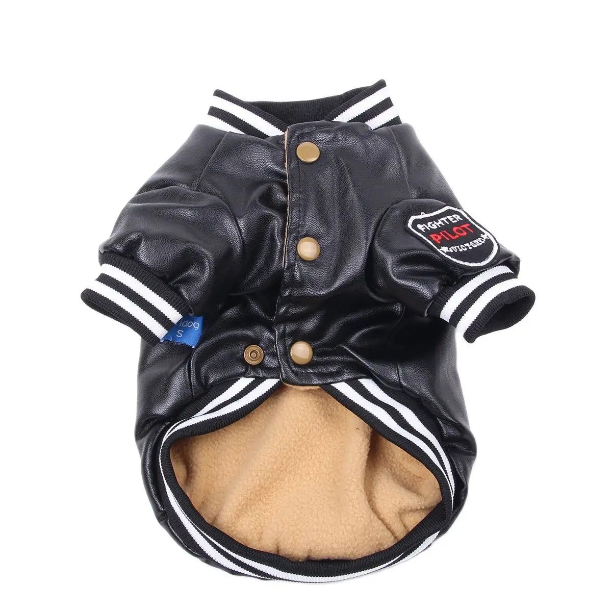 Black faux leather dog coat with white stripes and a felt lining