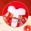 A red Chinese style tang suit dog coat with gold embroidery and a white fluffy collar shown in a circular frame.