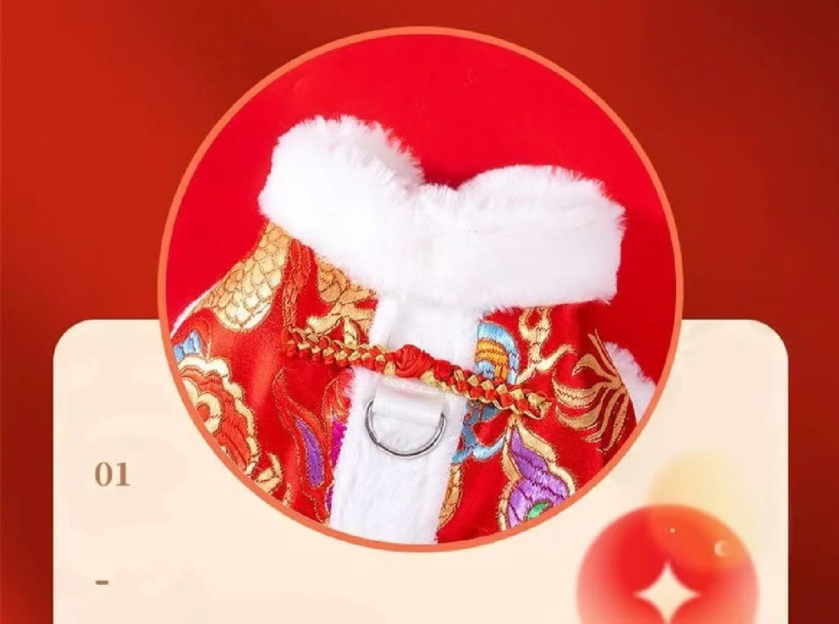 A red Chinese style tang suit dog coat with gold embroidery and a white fluffy collar shown in a circular frame.