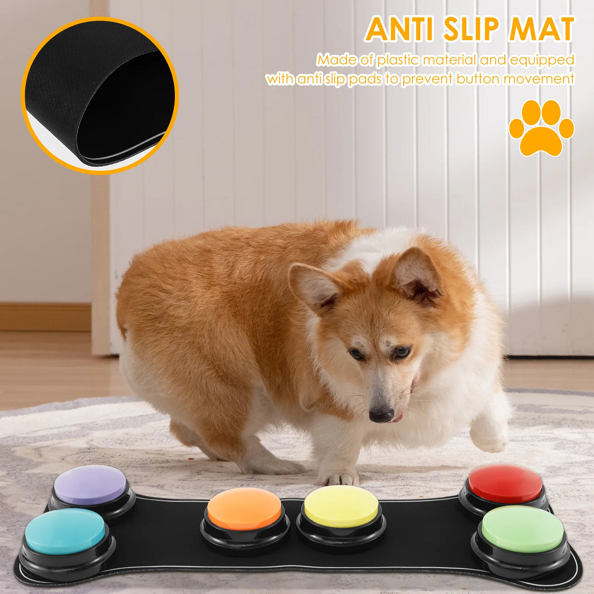 A dog is positioned on a black non-slip mat with colorful communication buttons for training.