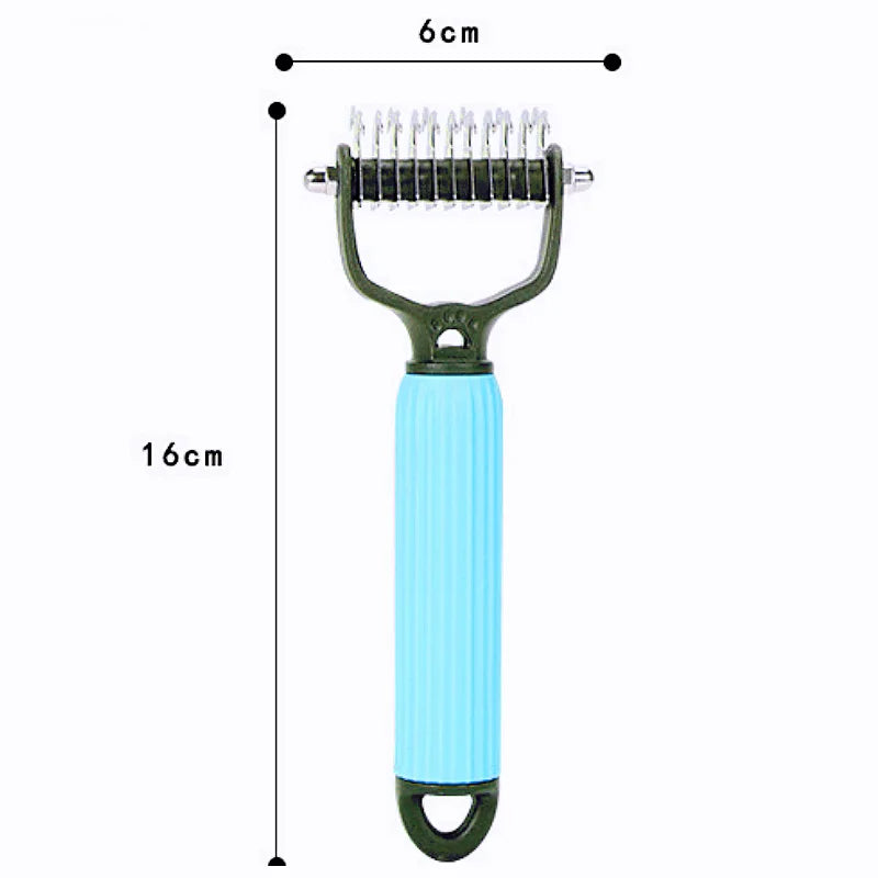 A light blue double-sided stainless steel dematting comb for dogs with a green handle.