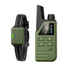 A green electric dog training collar with a black strap and remote control device.