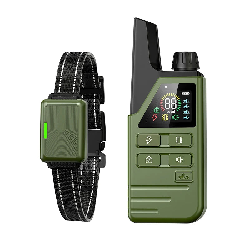 A green electric dog training collar with a black strap and remote control device.
