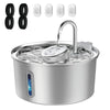 Stainless steel pet water fountain with a visible water level window and a metal spout