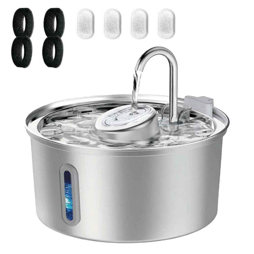 Stainless steel pet water fountain with a visible water level window and a metal spout