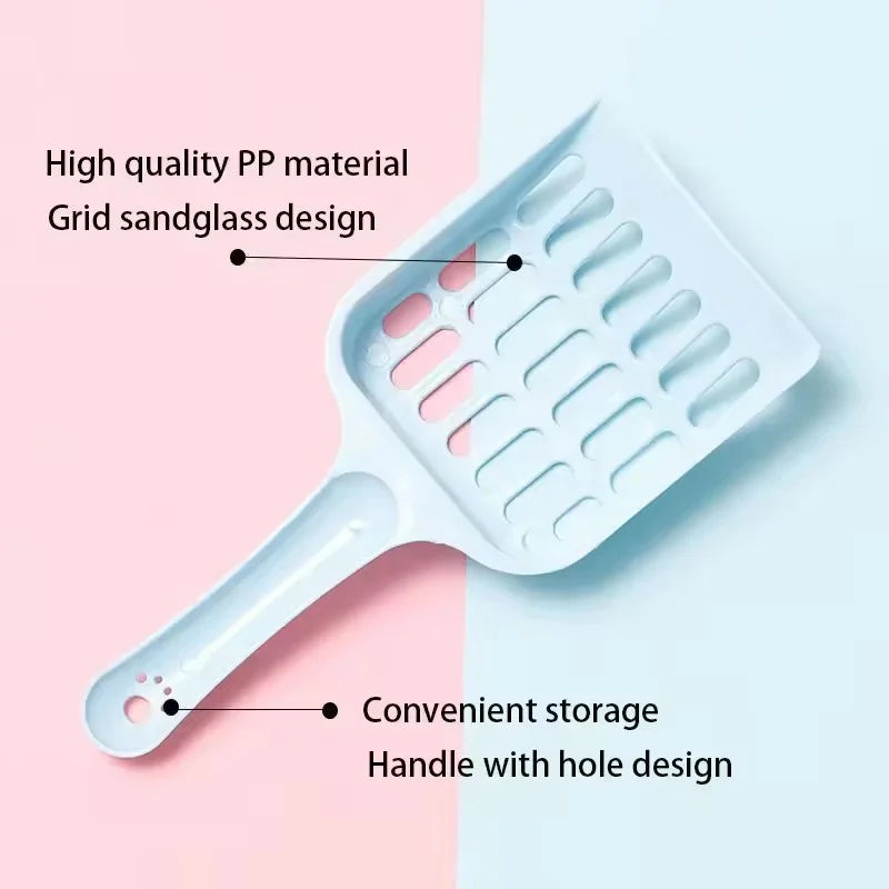 White plastic cat litter scoop with a grid design and a handle with holes