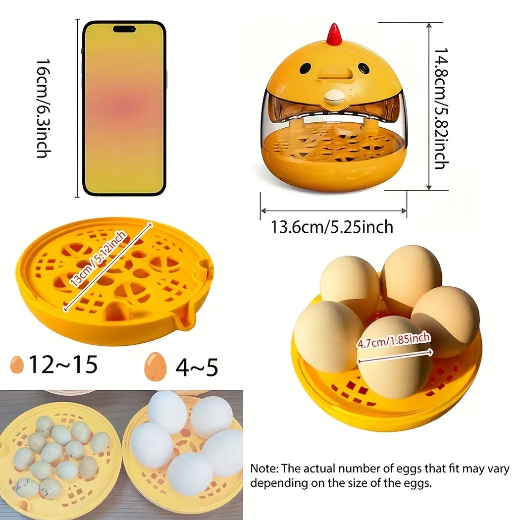 A yellow home egg incubator showing the device, its capacity for 4-5 eggs, and various sized eggs.