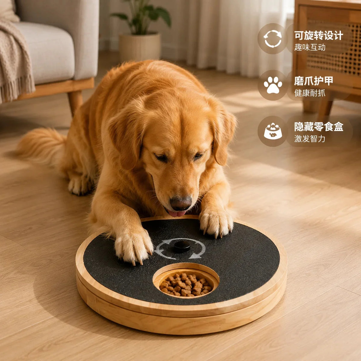 A golden retriever dog is interacting with a wooden rotating puzzle toy for treats on a light wooden floor.