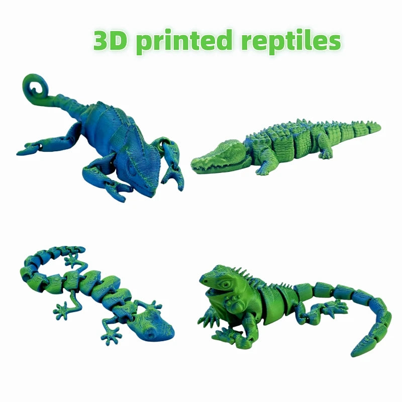 A set of 3D printed reptile figurines including a lizard, chameleon, gecko, and crocodile.