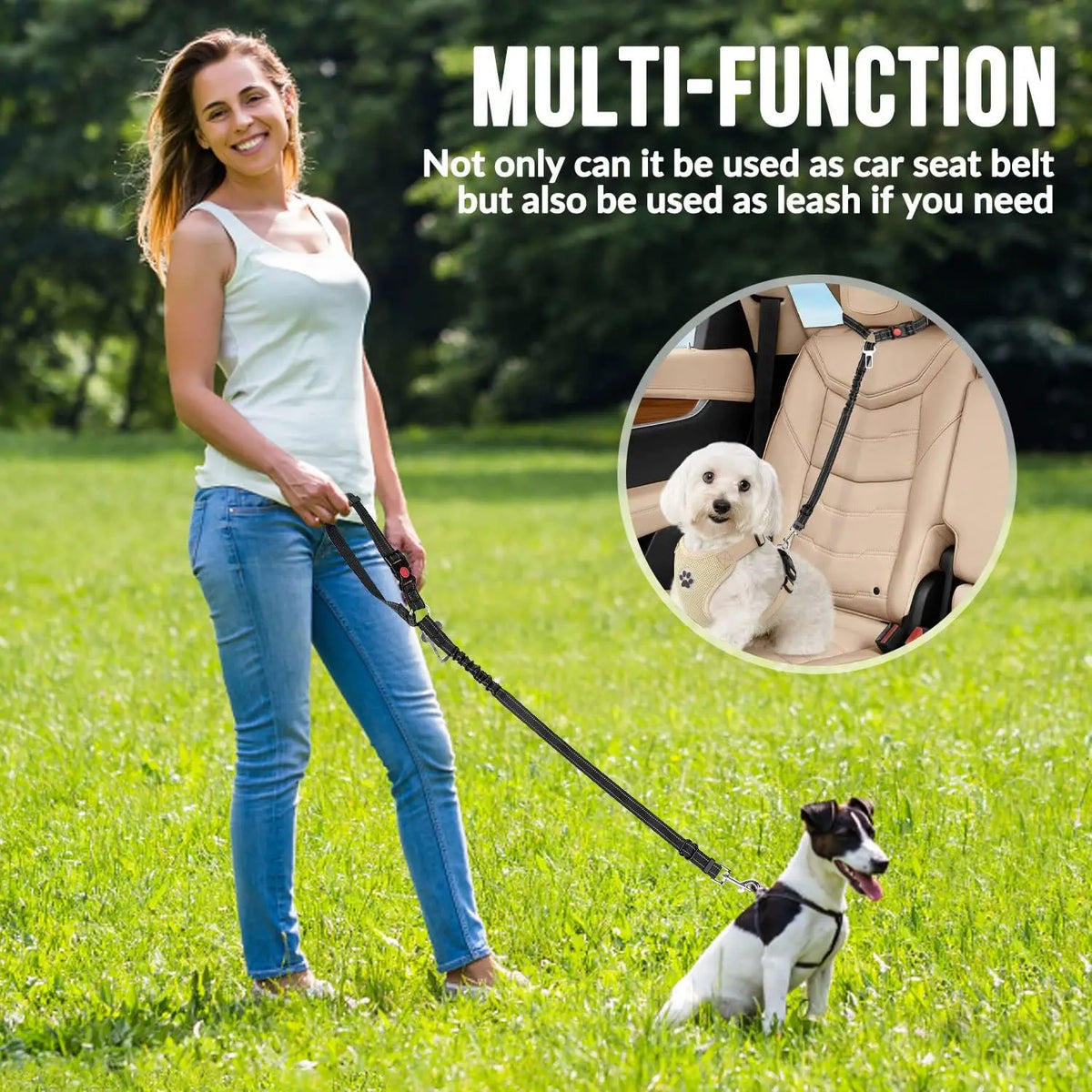 Adjustable Dog Car Seat Belt with Elastic Bungee and Reflective Stitching