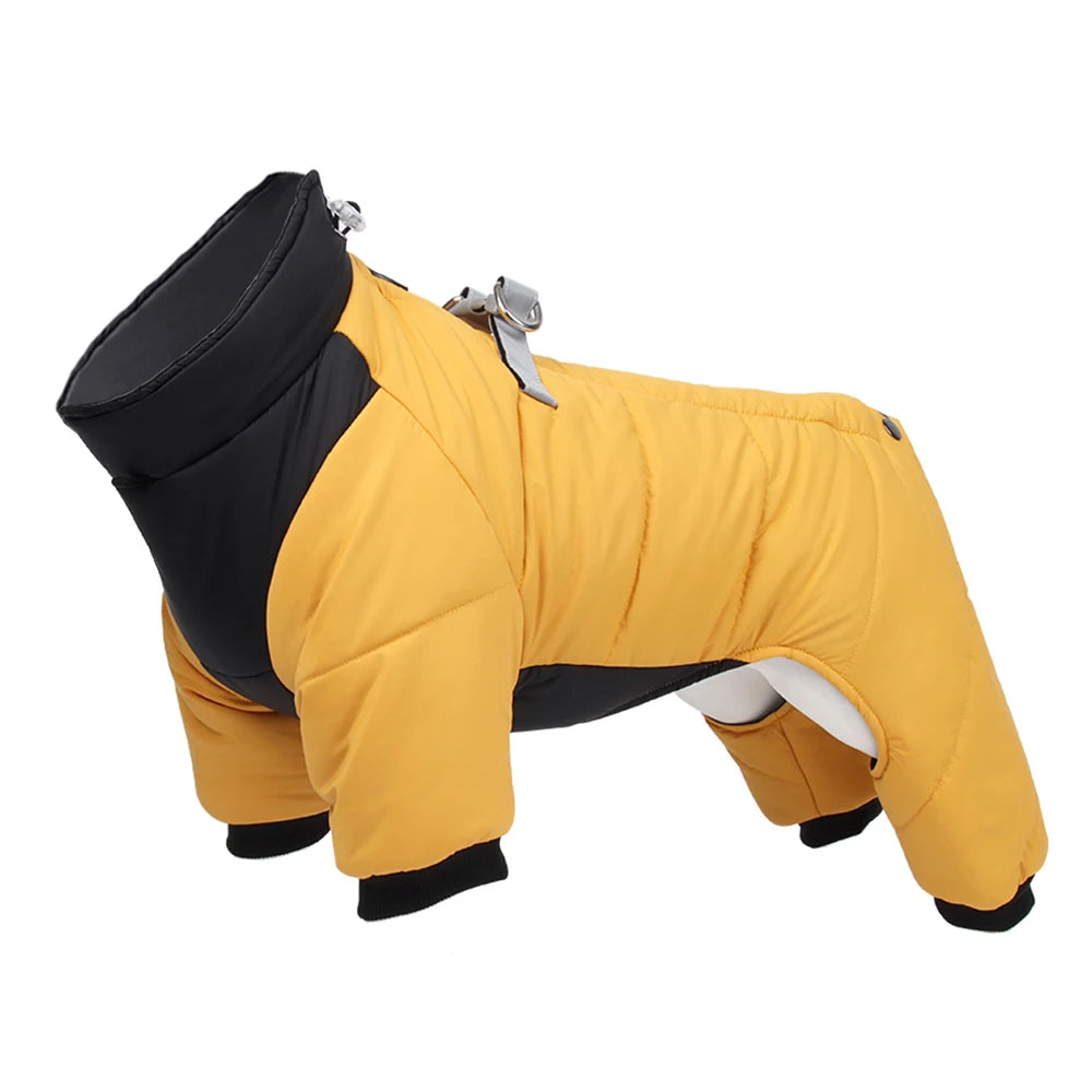 Veste pour chien jaune rembourrée avec bordure noire et boucle argentée, vue de côté.