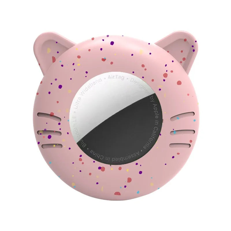 A pink silicone collar holder with a circular opening and small colorful dots, designed for pets.