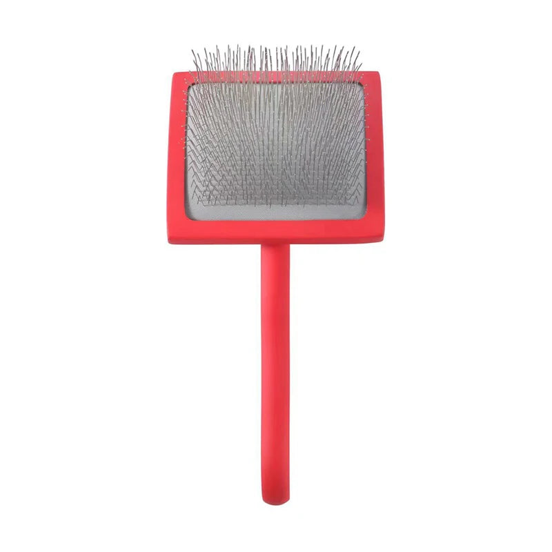Red ergonomic pet grooming rake with stainless steel teeth