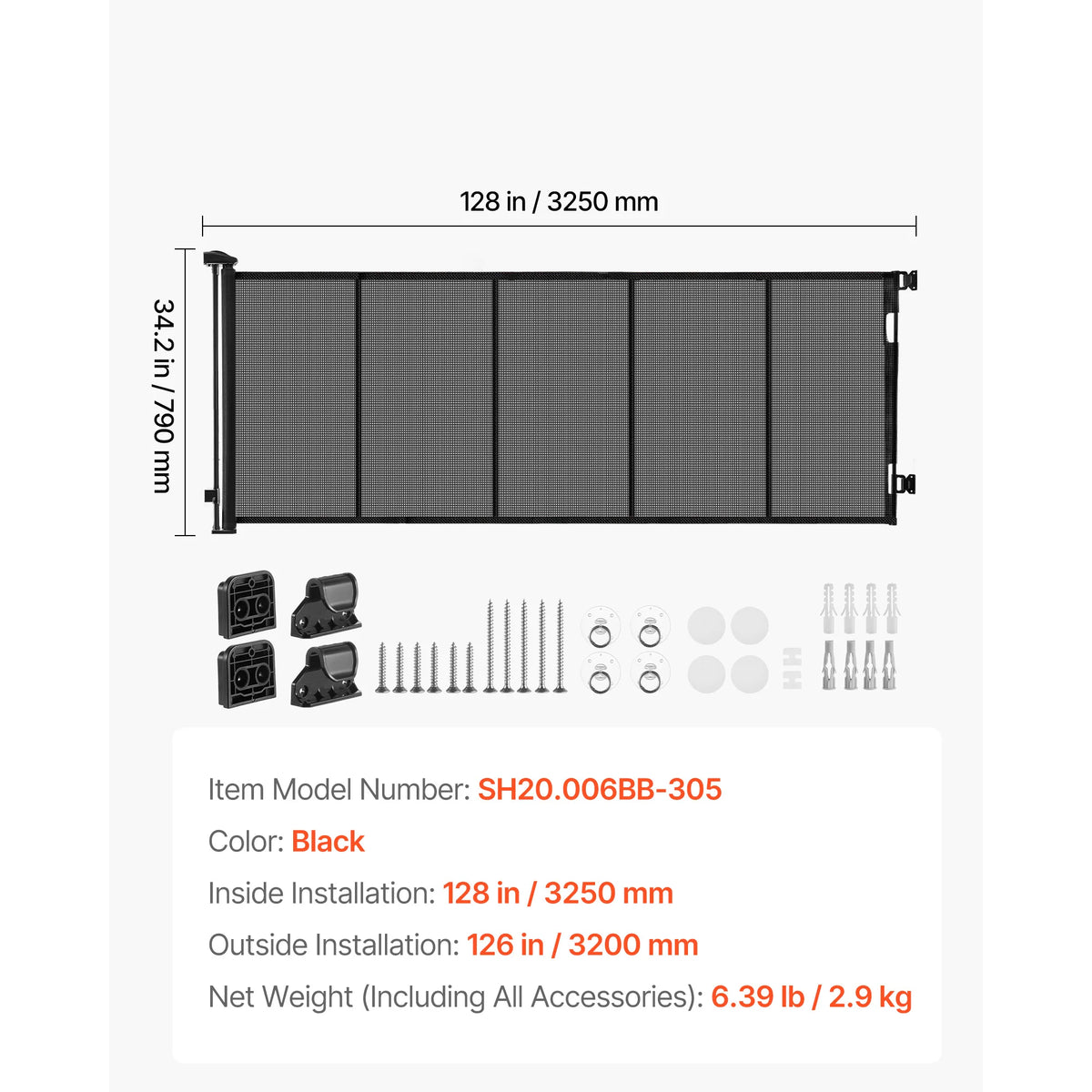 Black retractable mesh safety gate measuring 128 in by 3250 mm for indoor or outdoor use