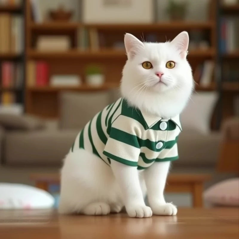 A white cat wearing a green and white striped polo shirt sitting on a wooden surface.