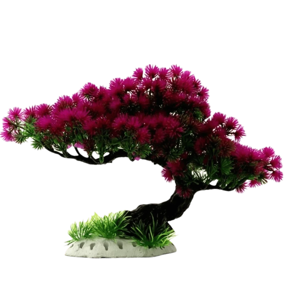 Lifelike artificial aquarium plant shaped like a vibrant pink and purple pine tree