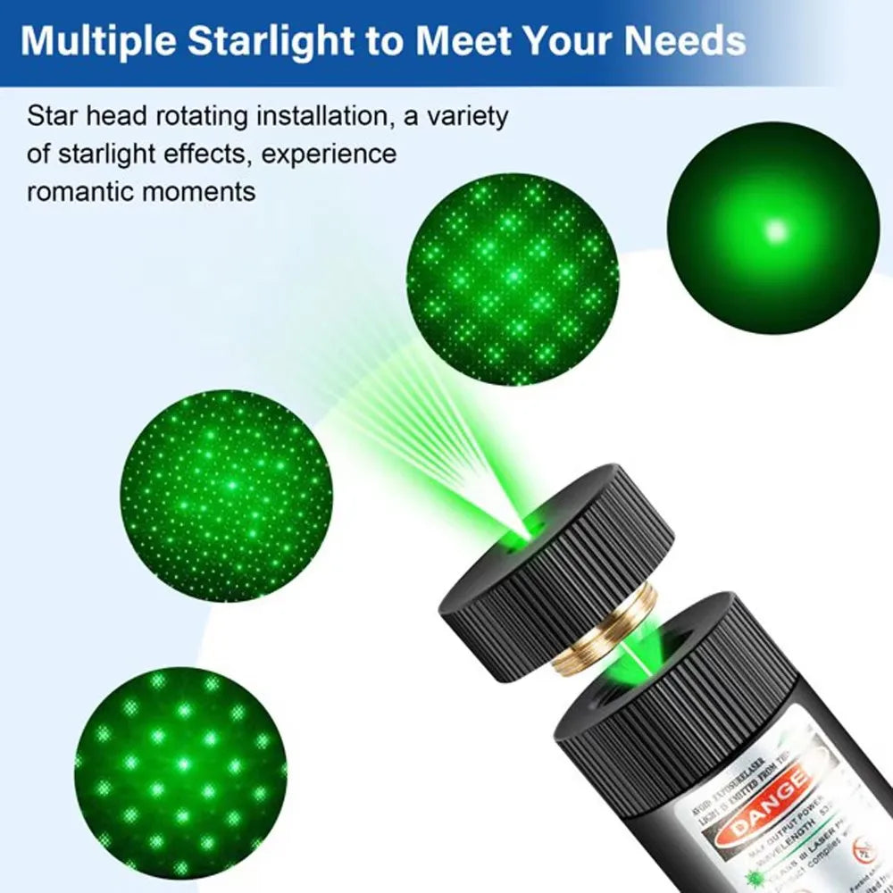 A green laser pointer training torch is shown with a rotating star head, emitting a bright green light.