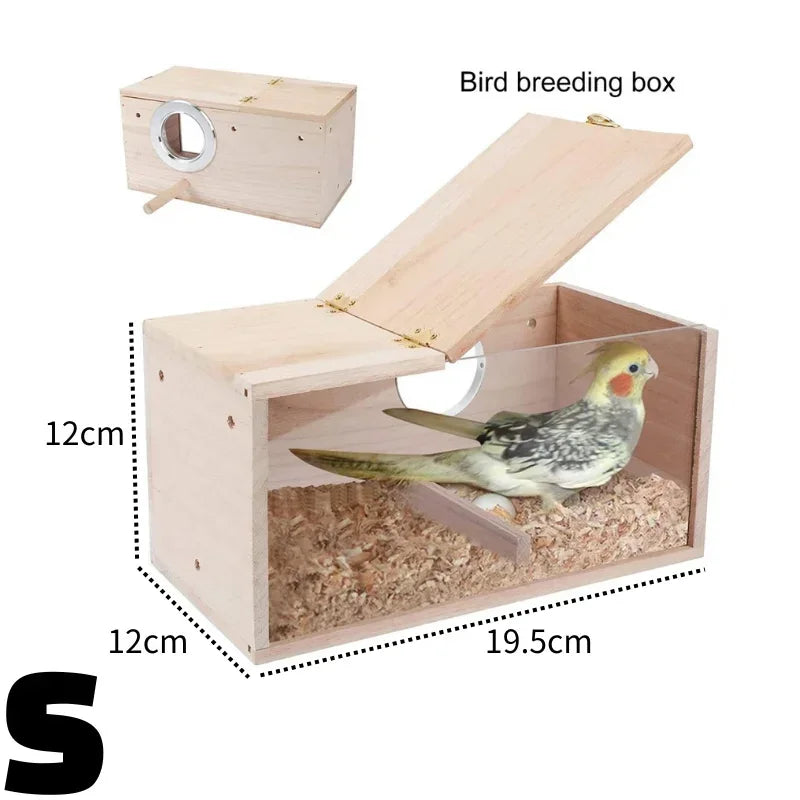 A wooden bird breeding box with a transparent viewing panel and a slanted lid, showing nesting material inside.
