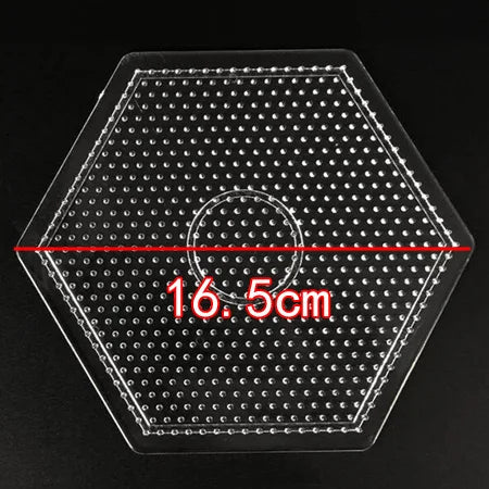 A hexagonal plastic tray with small beads and a central ring, marked with a 16.5cm dimension.